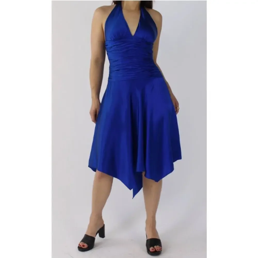 Cache Dress Women Sz 8 Cobalt Blue Halter Backless Silk Asymmetric V-Neck Formal - Picture 2 of 12